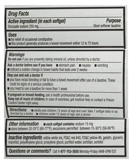 CVS Health Docusate Sodium softgels close-up showing 250 mg dose for gentle constipation support.