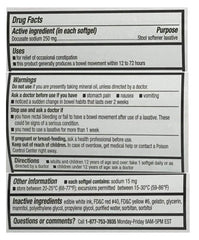 CVS Health Docusate Sodium softgels close-up showing 250 mg dose for gentle constipation support.