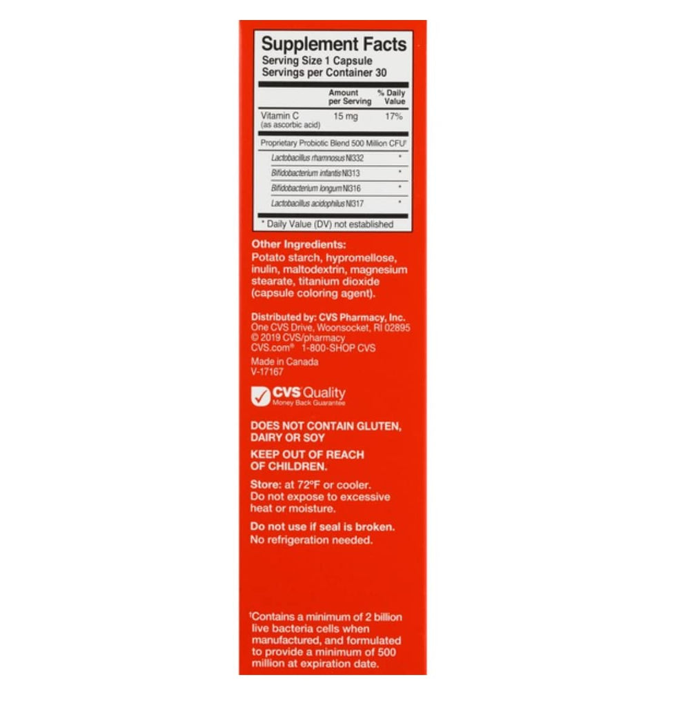 Back of CVS Health Digestive Probiotic container with dosage information