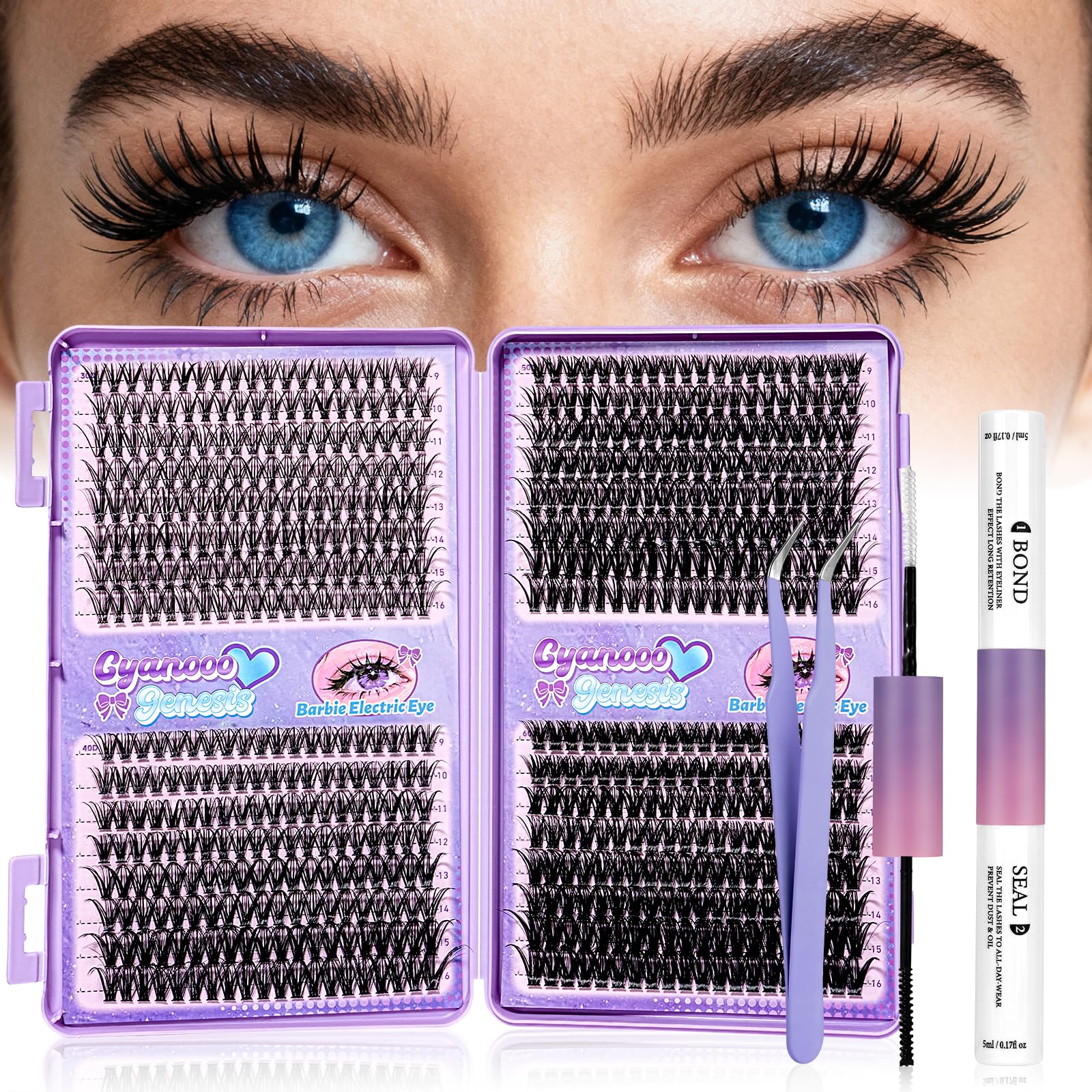 CyanoooGenesis lash clusters kit 640pcs with 30D-60D for customizable DIY lash looks.