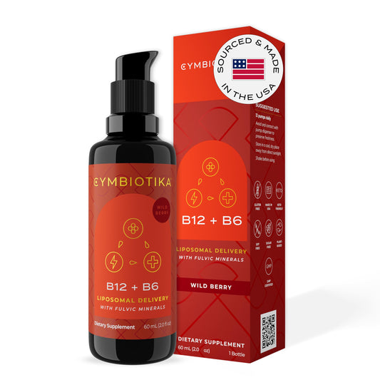 Close-up of CYMBIOTIKA Liposomal Vitamin B12 Liquid bottle