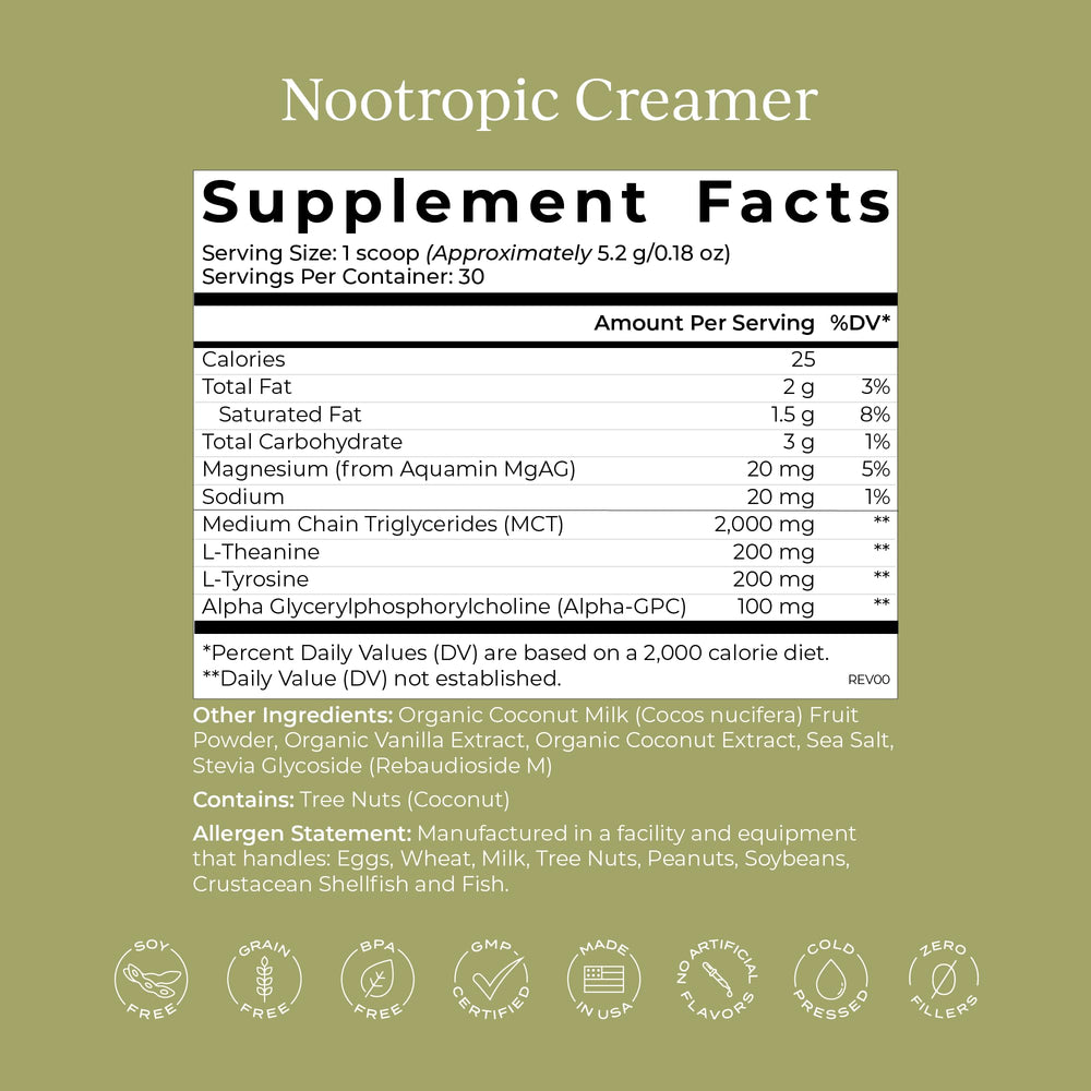 Close-up of ingredients: MCT oil, Alpha GPC, L-Theanine