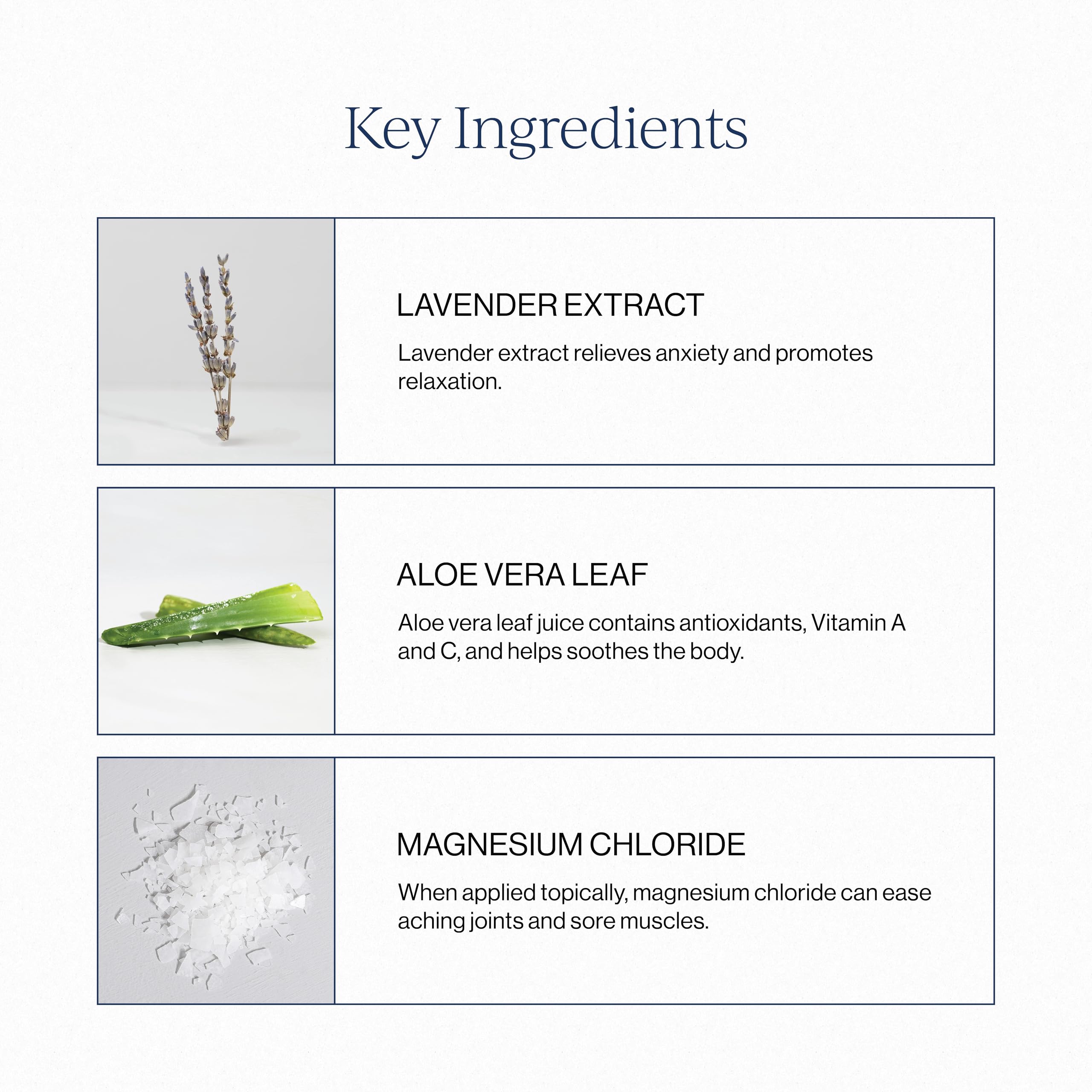 Close-up of ingredients including magnesium chloride, lavender extract, and aloe vera
