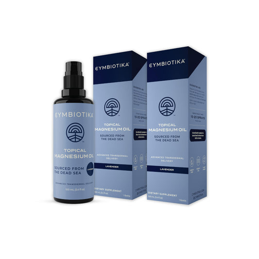 CYMBIOTIKA Topical Magnesium Oil Spray front view, USA made, 2-pack, 6.8 fl oz