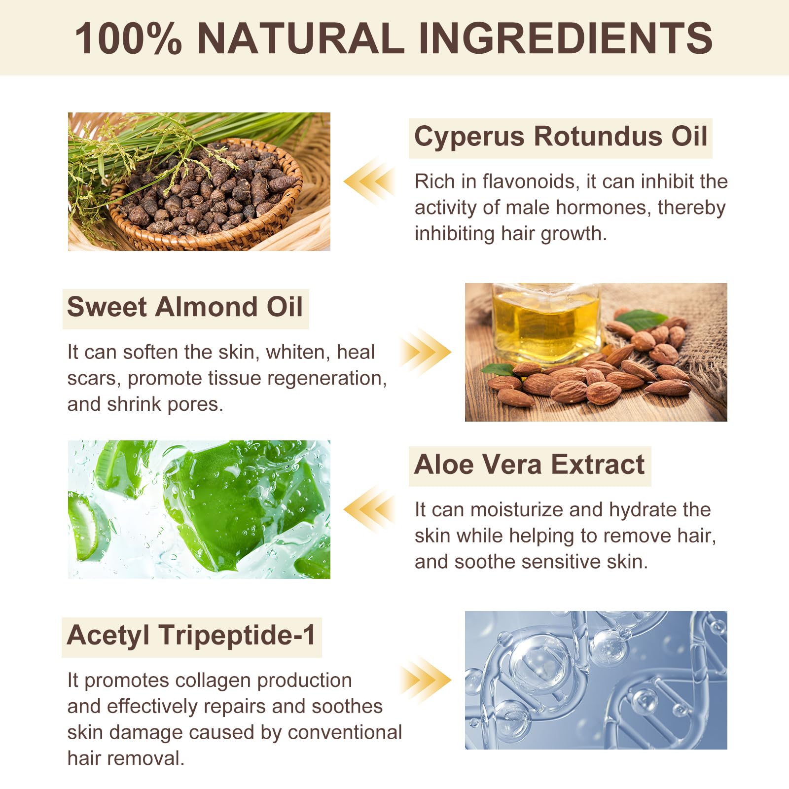 Cyperus Rotundus Oil may help reduce hair regrowth over time.