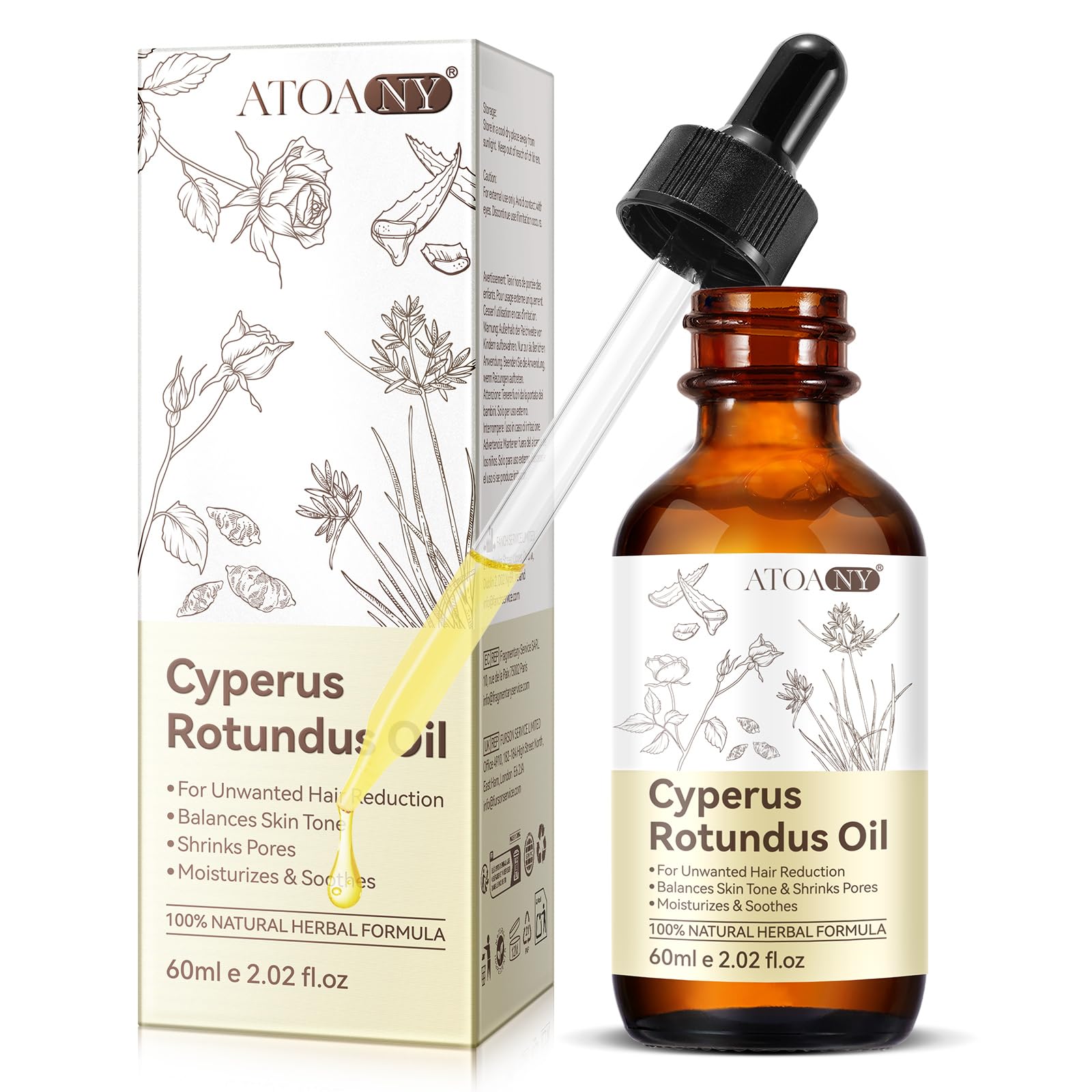 Cyperus Rotundus Oil bottle pour demonstrates smooth application for hair removal.