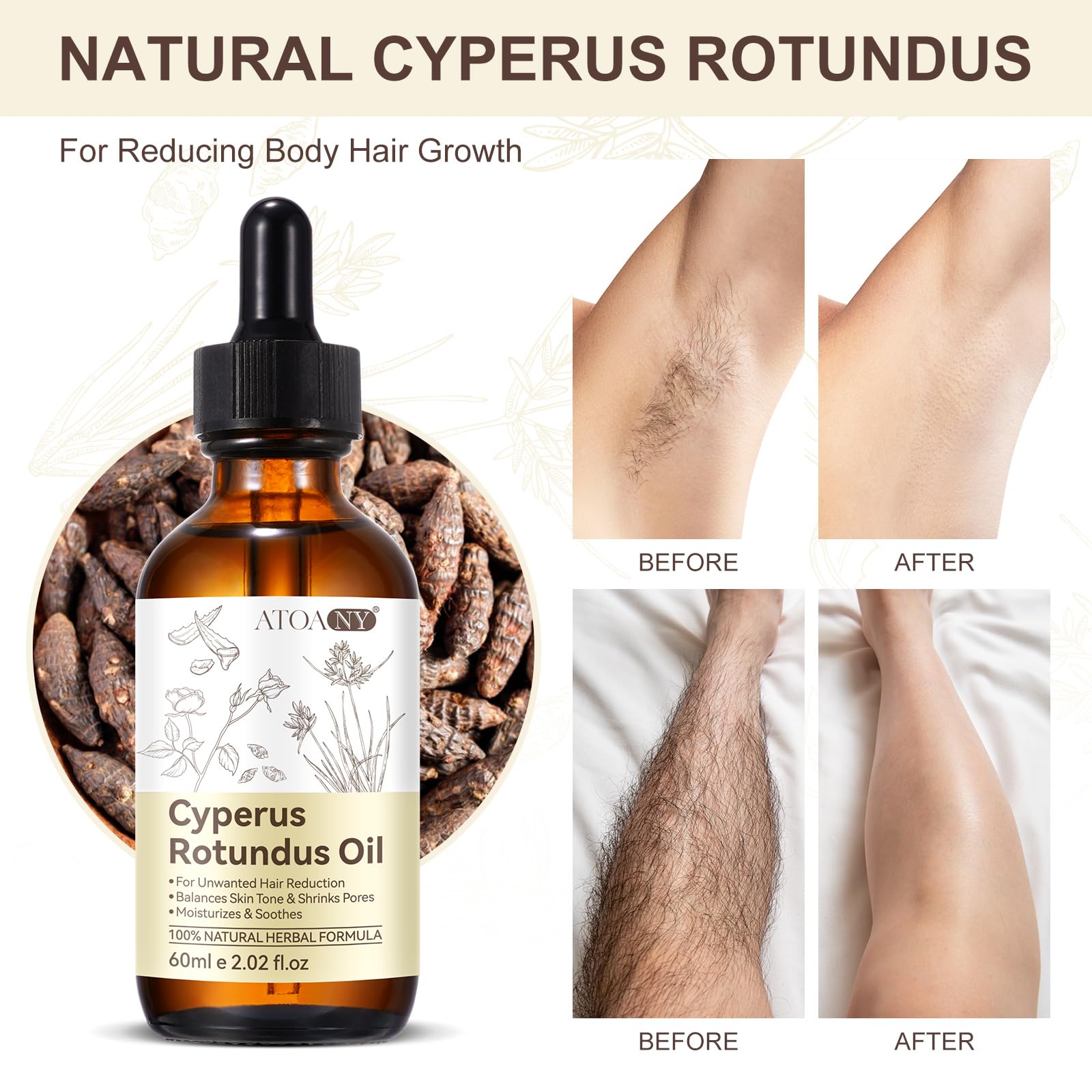 Cyperus Rotundus Oil packaging highlights natural ingredients and travel-friendly size.