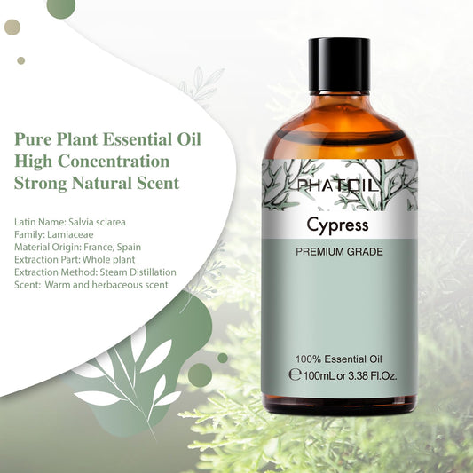 Close-up of amber glass bottle 100ml Cypress essential oil