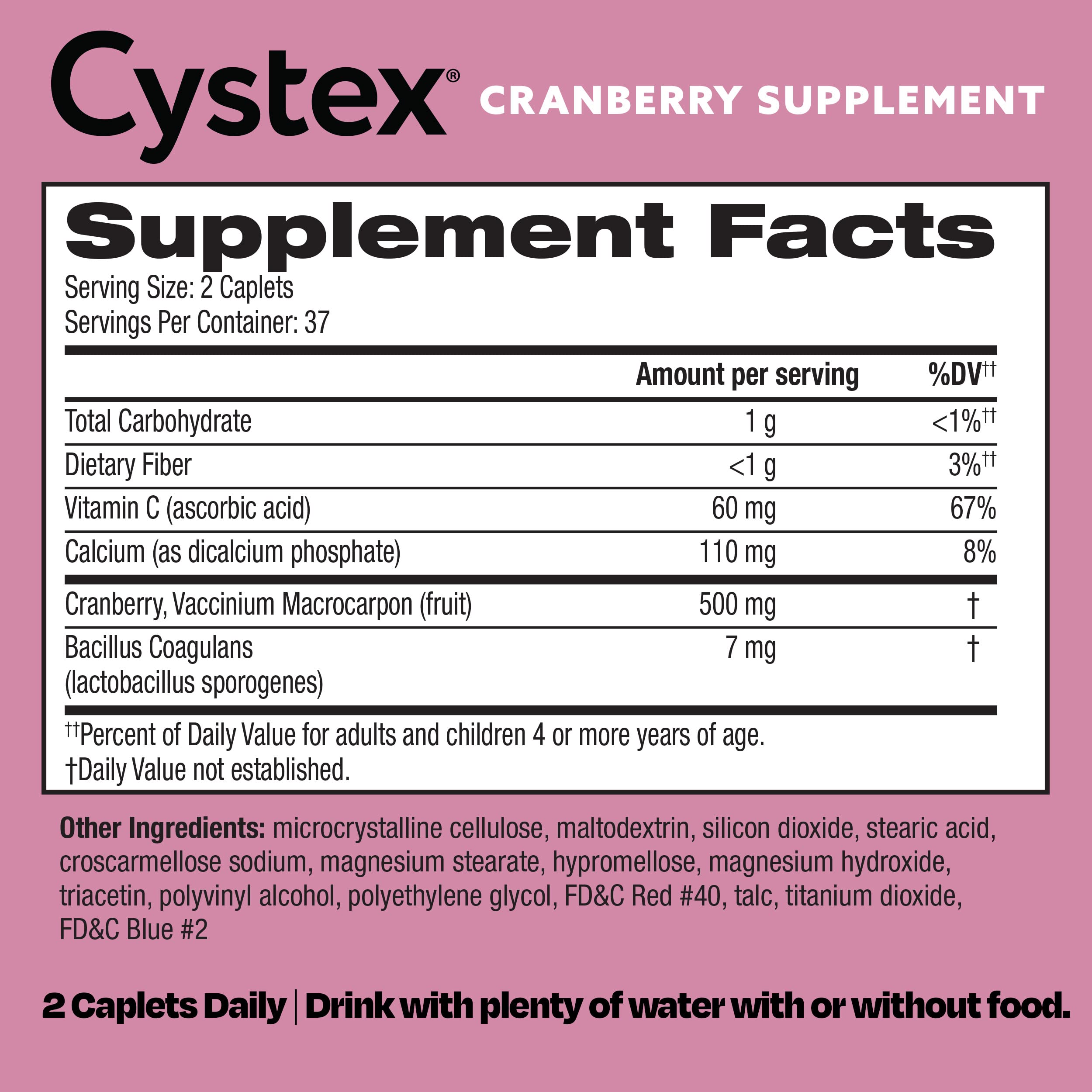Nutrition facts panel close-up for Cystex Cranberry Urinary Health Supplement
