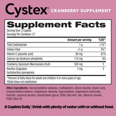 Nutrition facts panel close-up for Cystex Cranberry Urinary Health Supplement