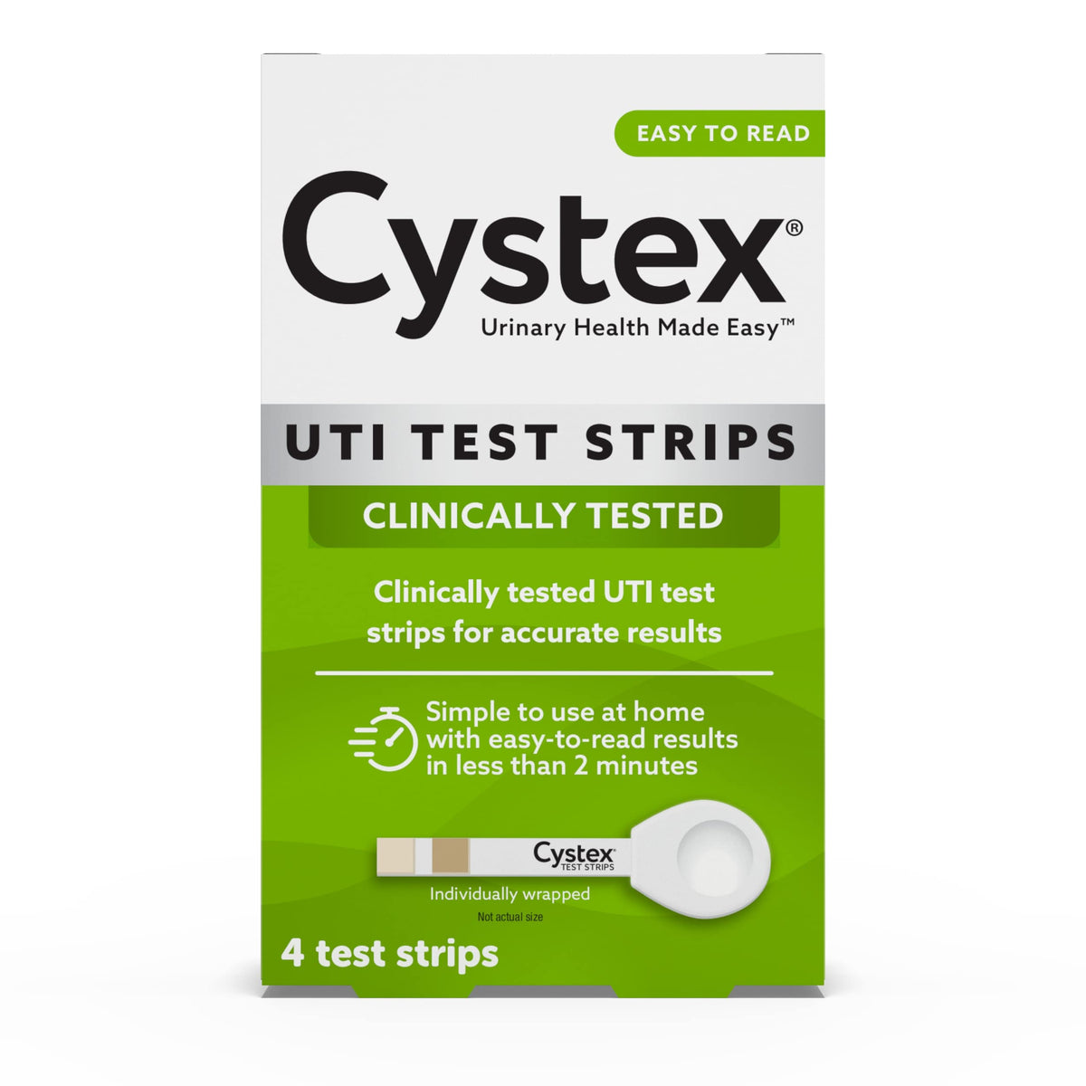 Cystex UTI test strips packaging for at-home use