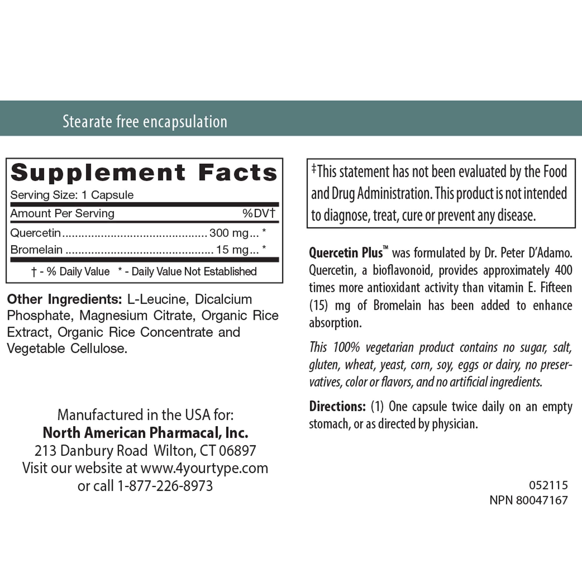 Nutritional facts for Quercetin Plus 90 vcaps