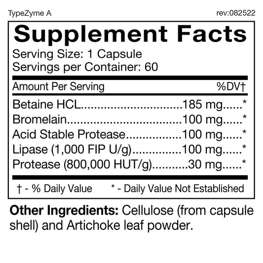 Close-up of TypeZyme bottle label for Blood Type A