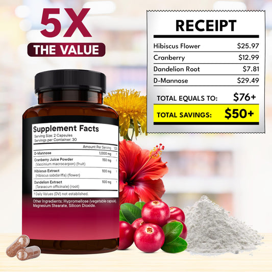 Close-up of D-Mannose capsules with cranberry and hibiscus blend