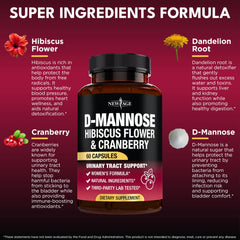 Graphic showing key ingredients: D-Mannose, Cranberry, Hibiscus, Dandelion
