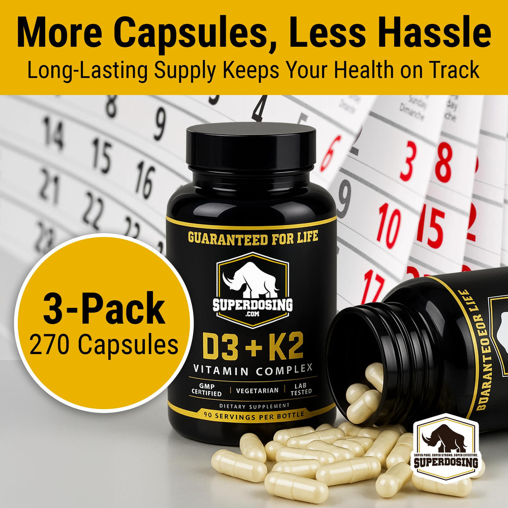 Product packaging and label for D3K2 270-count bottle pack
