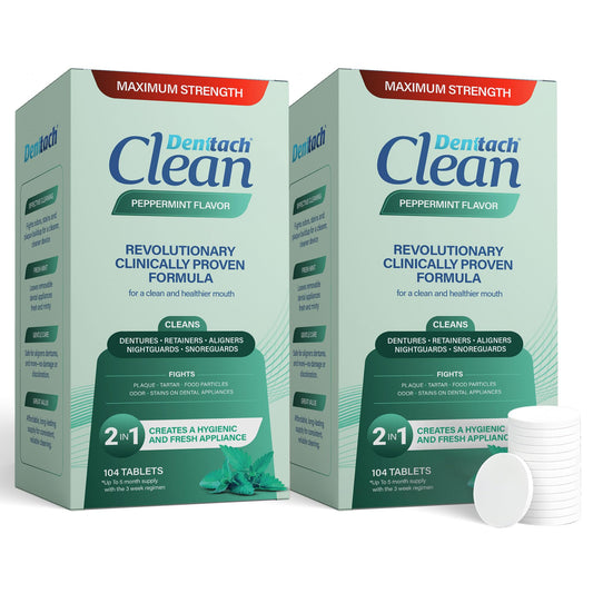 Front view of Denttach Clean peppermint denture and retainer cleaner tablets, two 104-count packs
