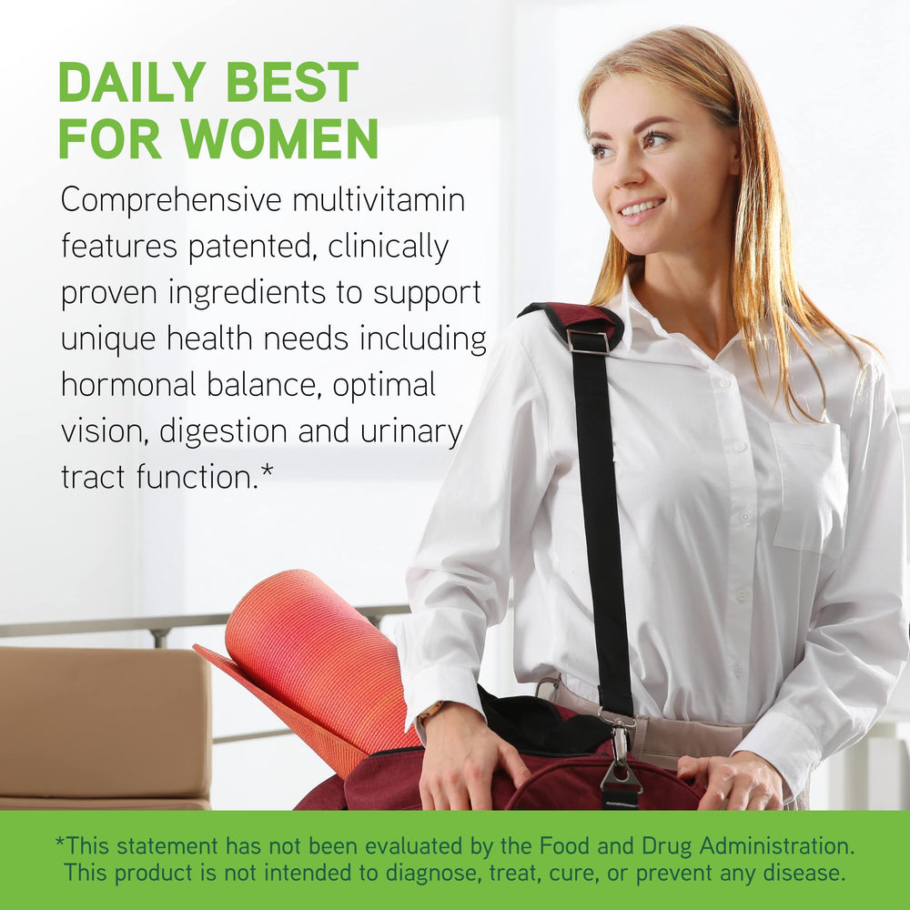 Vitamins and capsules beside the Daily Best Women bottle