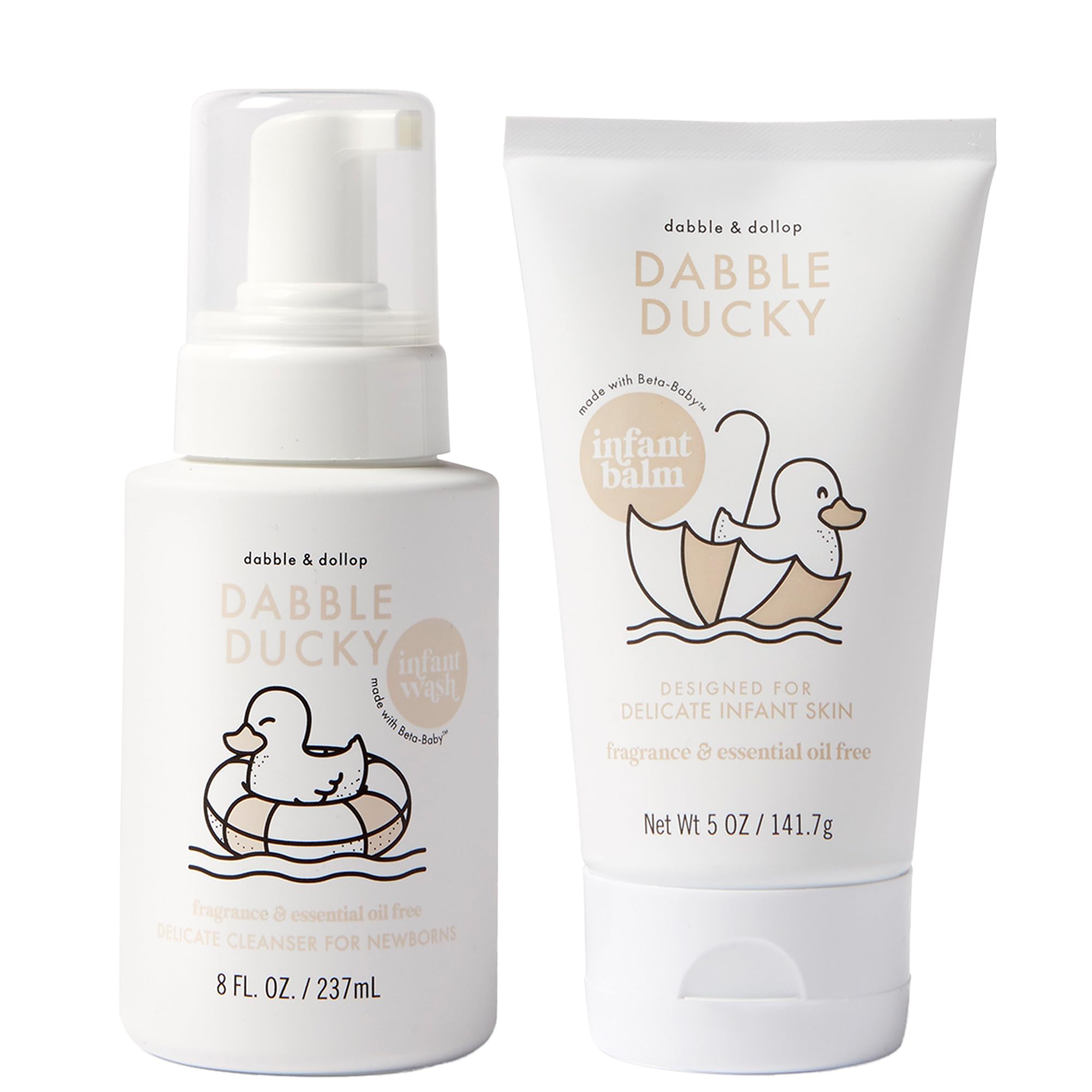 Two bottles: Dabble & Dollop fragrance-free infant wash and lotion in a 2-pack.