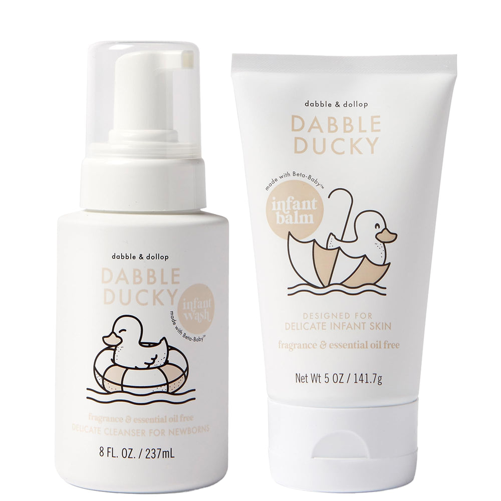 Two bottles: Dabble & Dollop fragrance-free infant wash and lotion in a 2-pack.