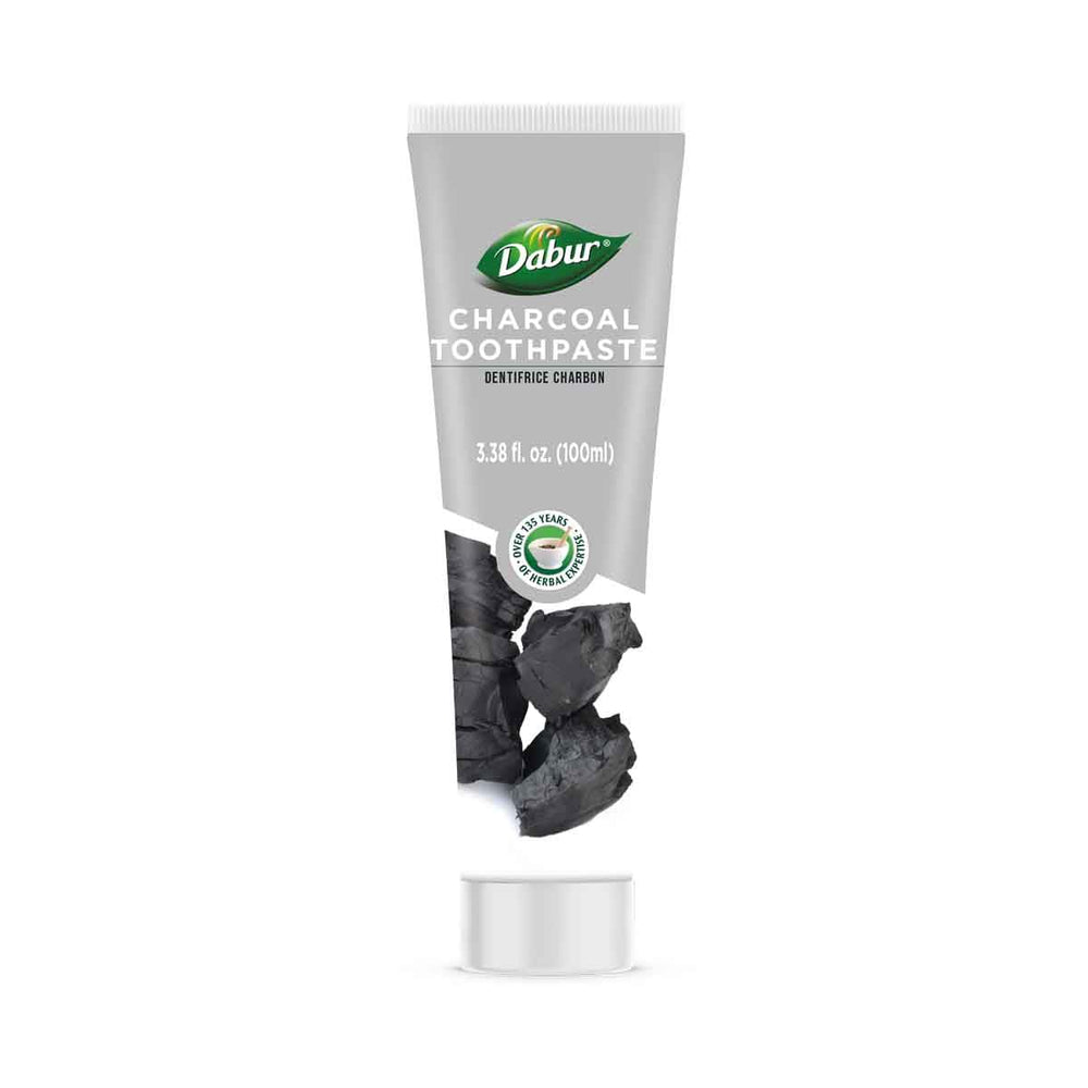 Packaging and tubes of Dabur Herbal Toothpaste with Charcoal 100ml (Pack of 3)