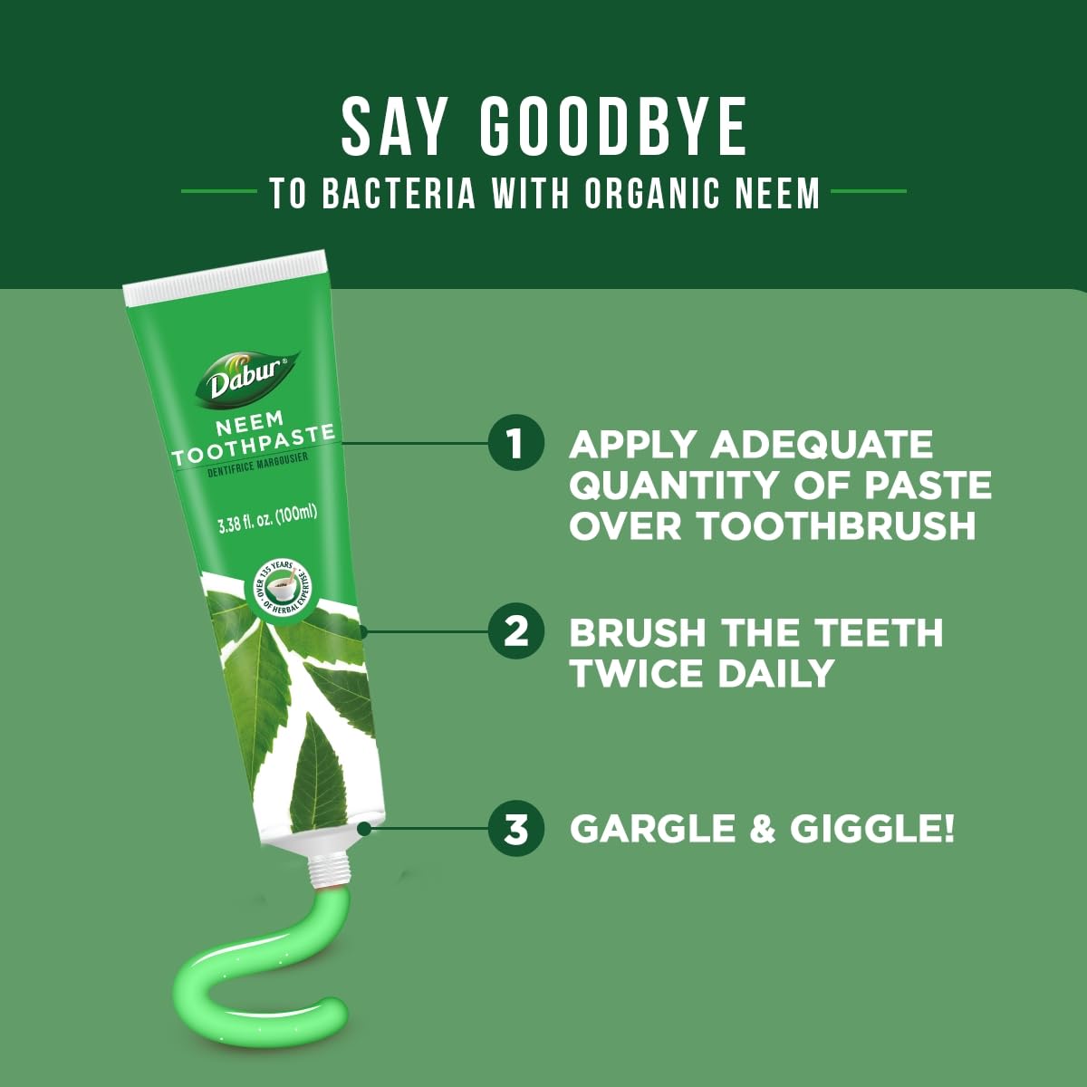 Branding and product information on Dabur Neem toothpaste 100ml