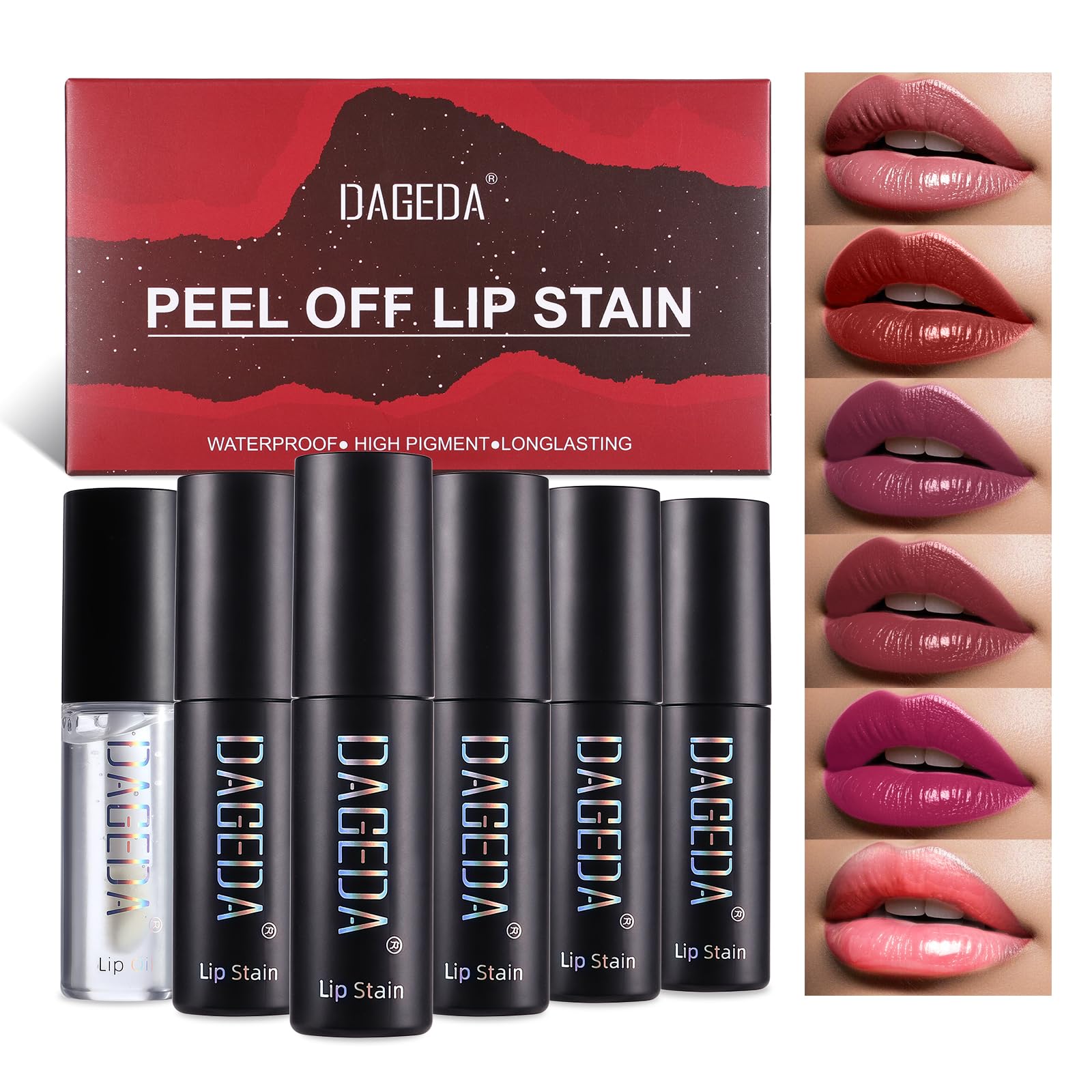 DAGEDA pink swatch of the 5 Colors Peel Off Lip Stain Set for long-lasting matte color.