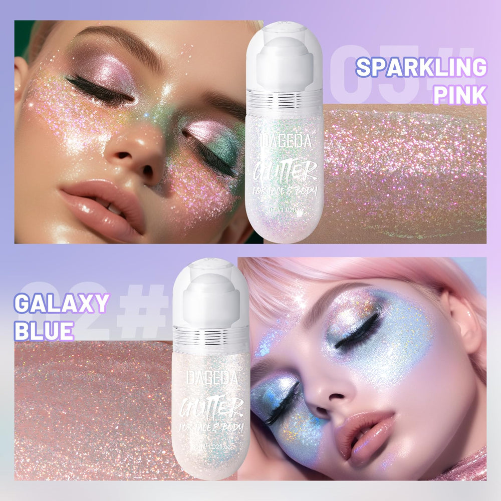 DAGEDA Galaxy Blue and Sparkling Pink holographic colors for vibrant rave looks.