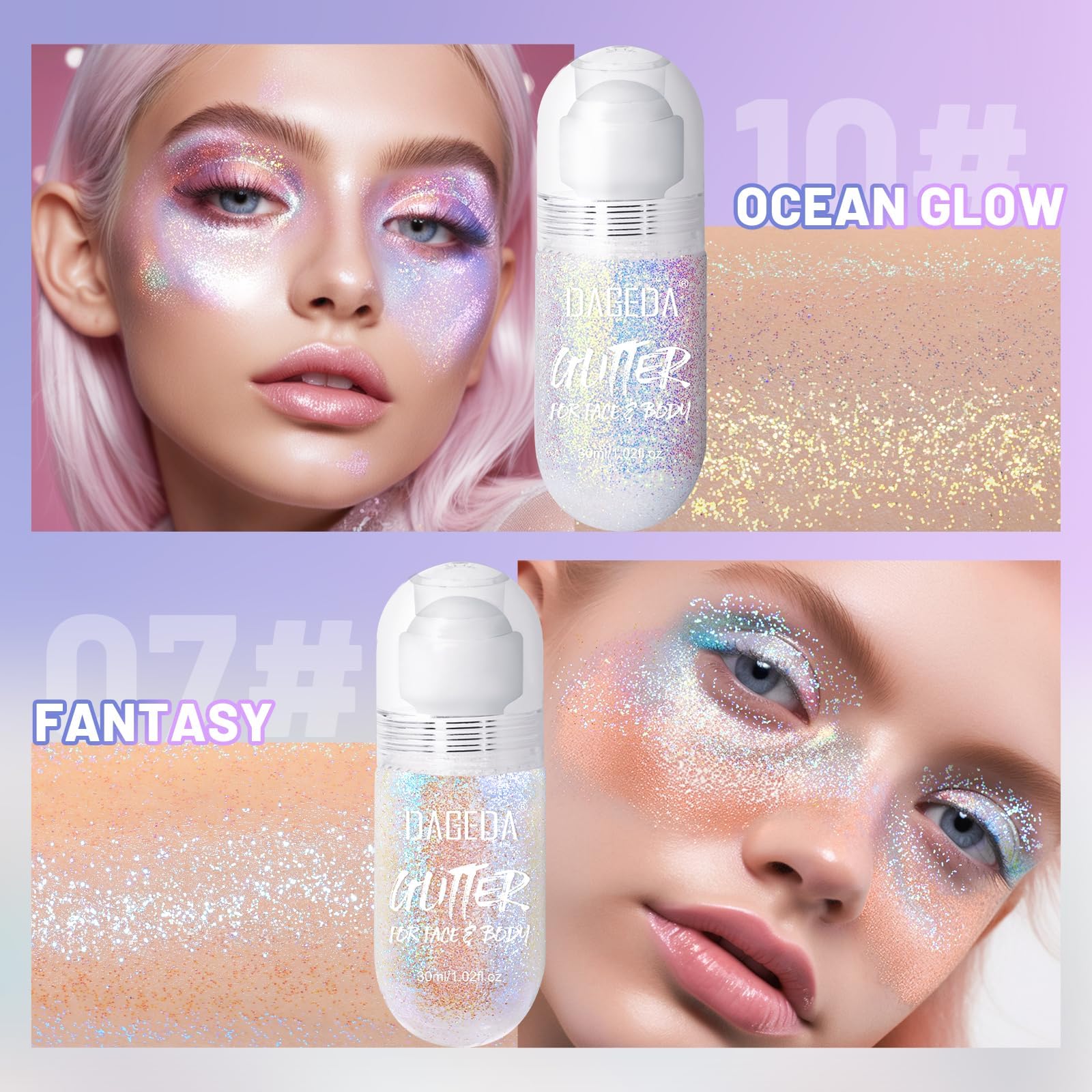 DAGEDA holographic glitter colors add vibrant skin shimmer.