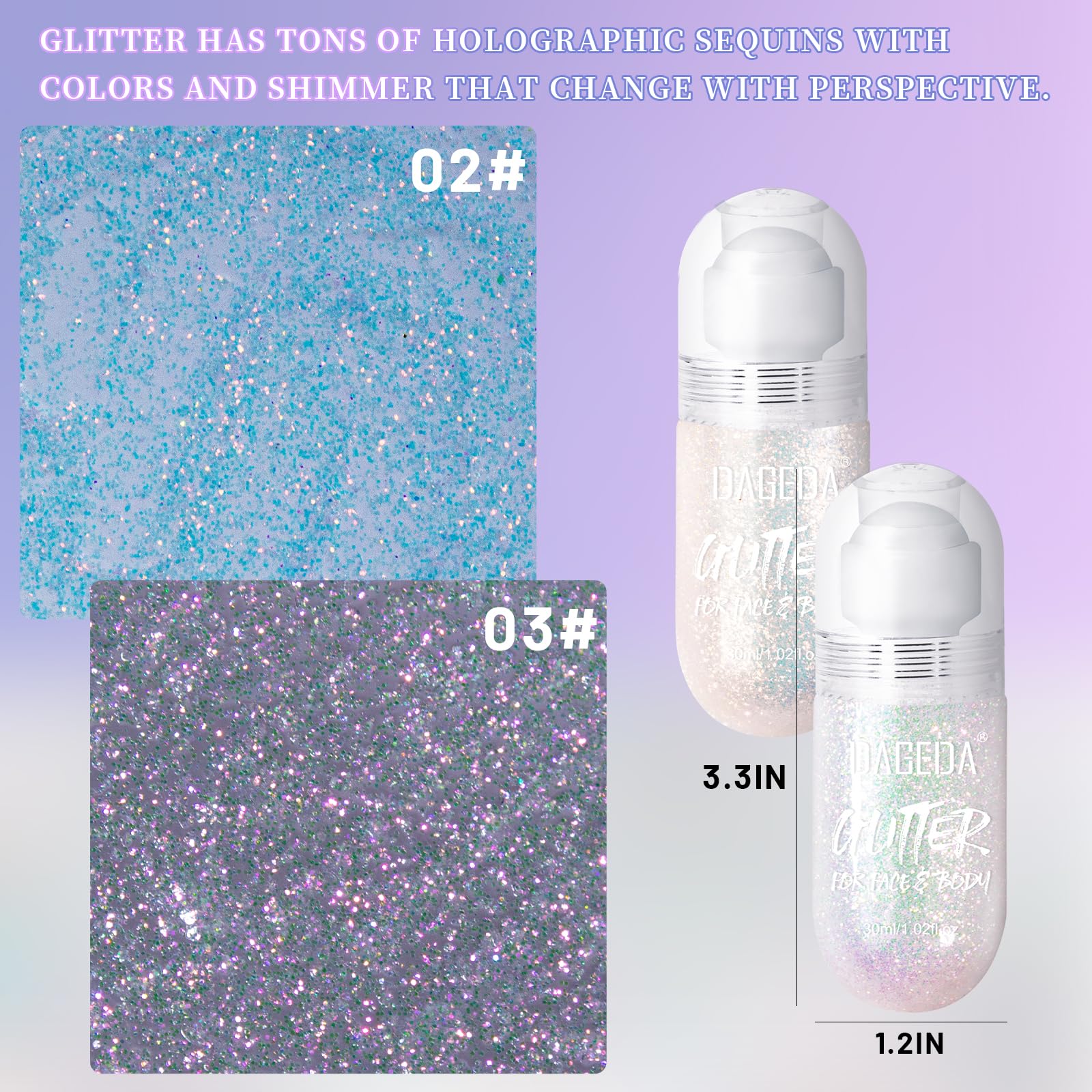 DAGEDA holographic glitter applied to face for a shimmering effect.