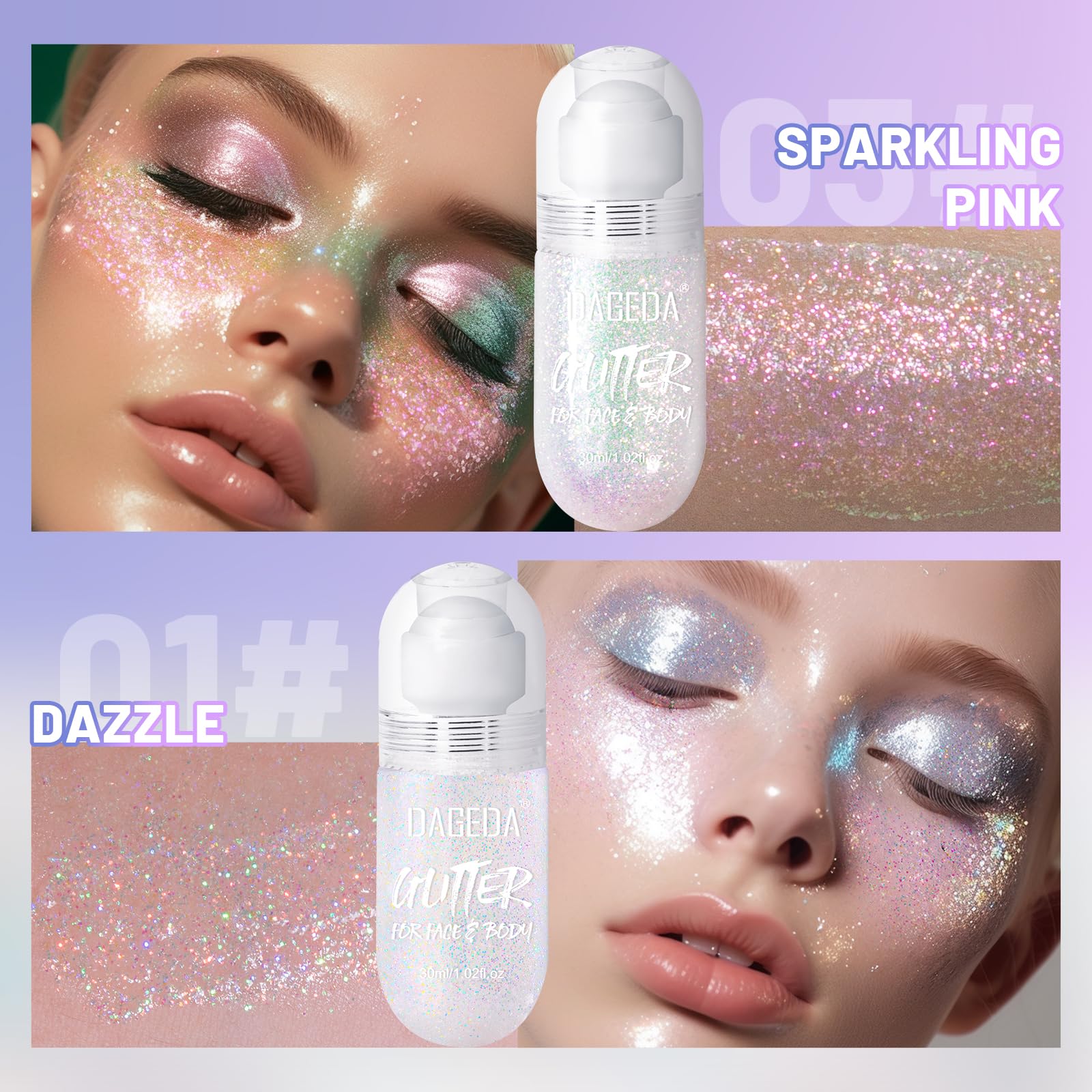 DAGEDA roll-on glitter in Galaxy Blue adds blue-iridescent shine to hair and body.