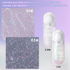 DAGEDA roll-on glitter in Sparkling Pink delivers warm pink sparkle on face and collarbone.