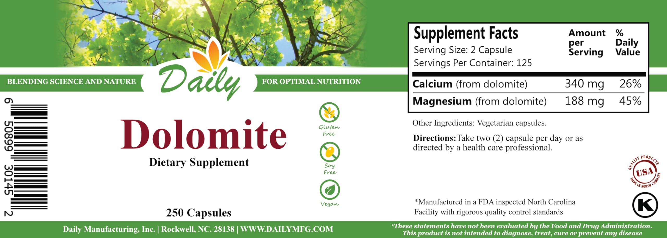 Two Daily Dolomite capsules showing Calcium 340 mg and Magnesium 188 mg per serving