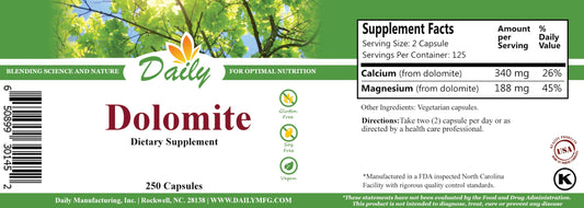Two Daily Dolomite capsules showing Calcium 340 mg and Magnesium 188 mg per serving