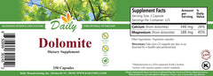 Two Daily Dolomite capsules showing Calcium 340 mg and Magnesium 188 mg per serving