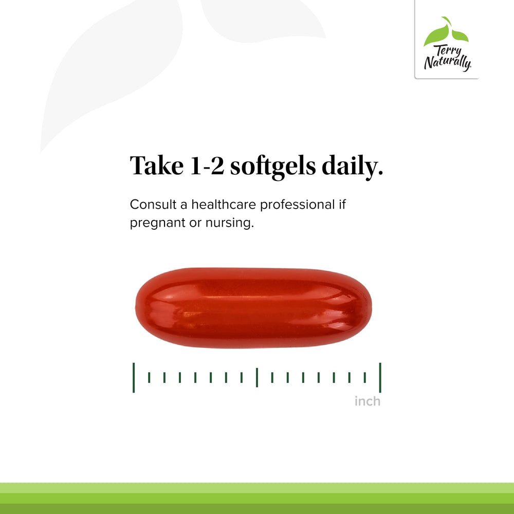 Serving suggestion showing 1-2 softgels daily dosage.
