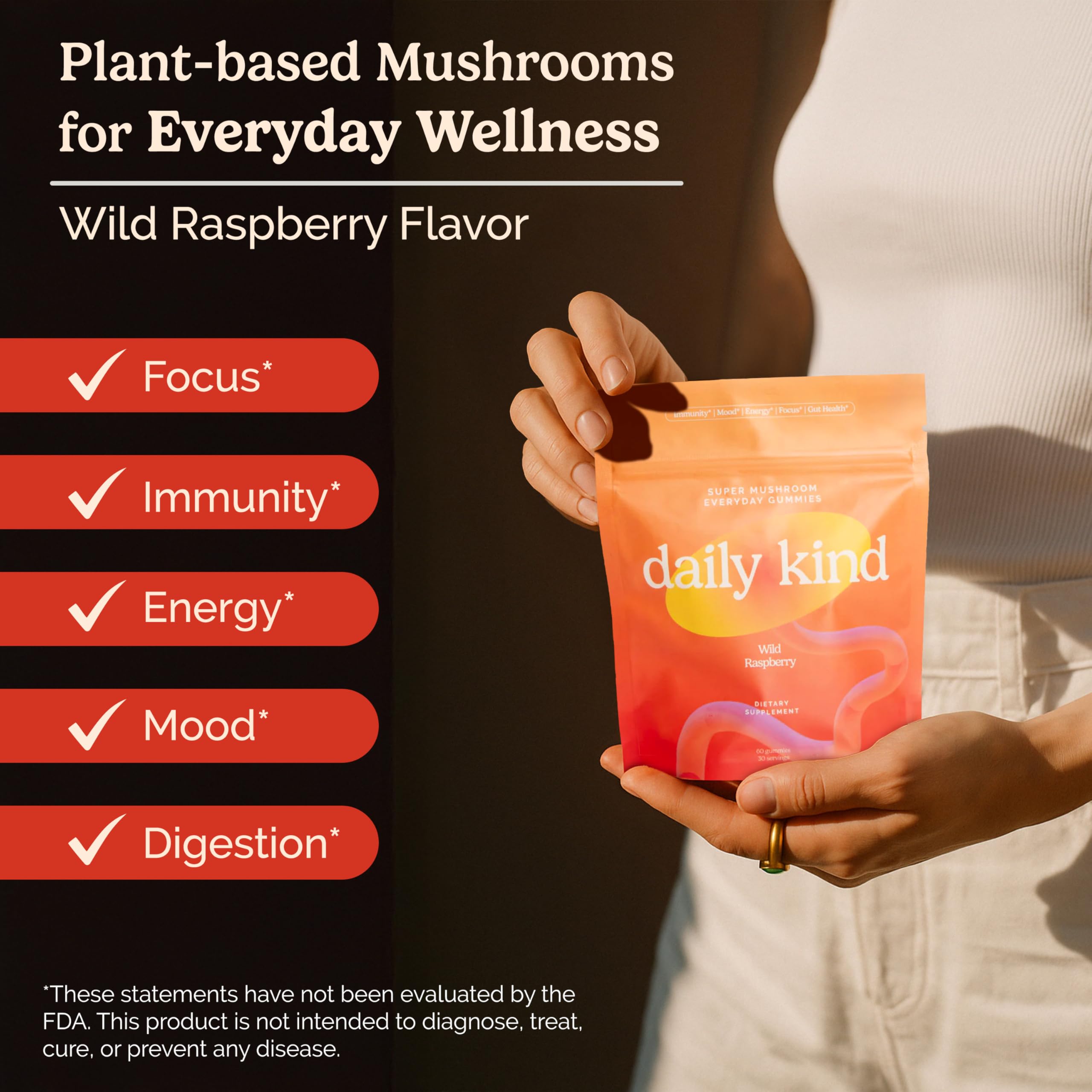 Close-up of Daily Kind mushroom gummies bottle