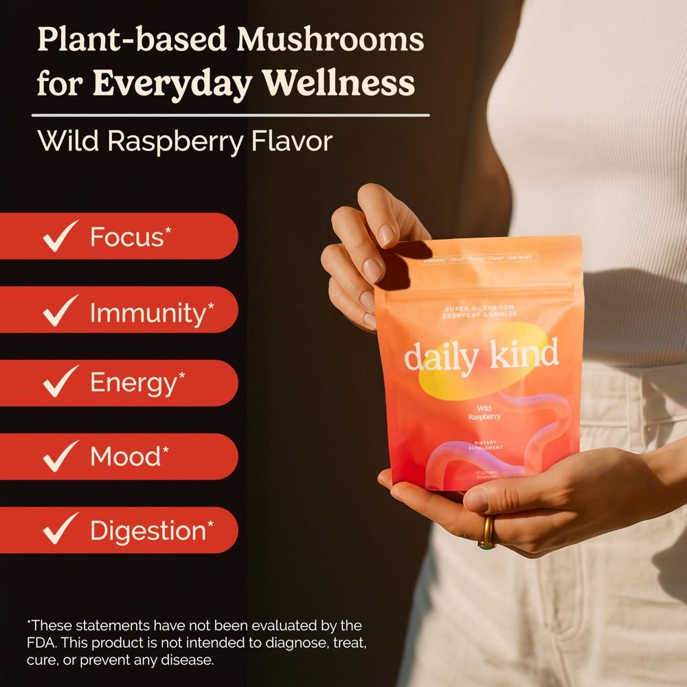 Close-up of Daily Kind mushroom gummies bottle