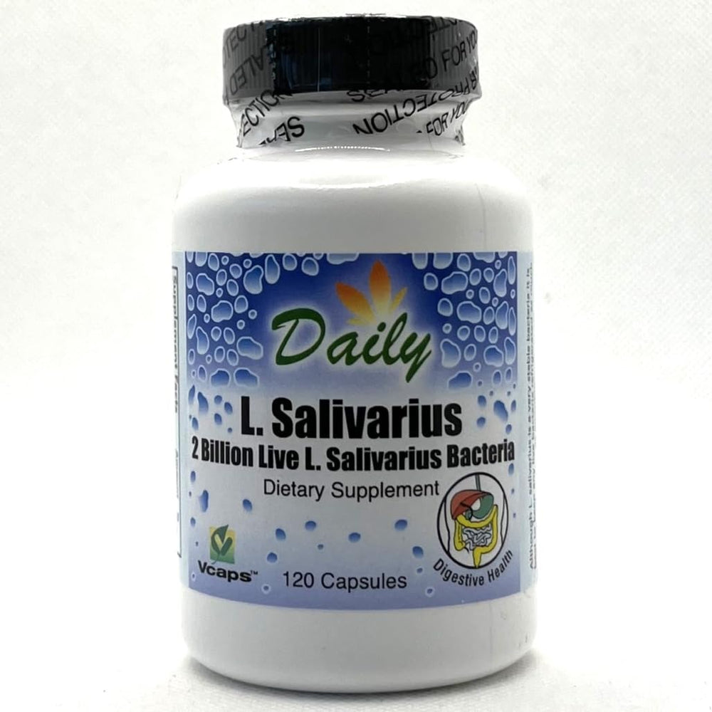 Close-up of L-Salivarius bottle and capsules