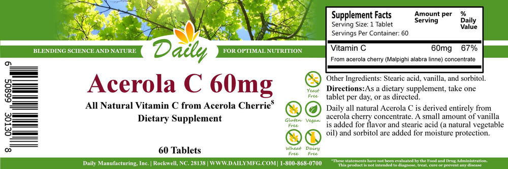 Acerola C bottle label with dosage information