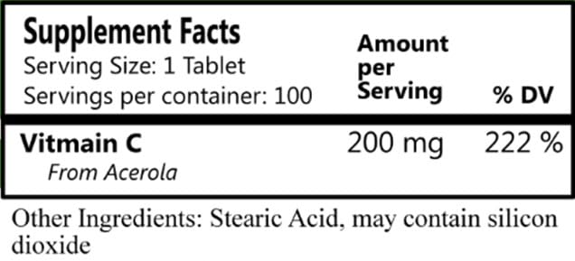 Close-up of Nature C Acerola Cherry Vitamin C bottle label