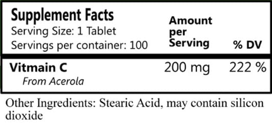 Close-up of Nature C Acerola Cherry Vitamin C bottle label