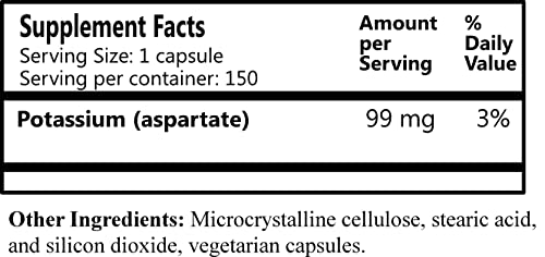 Potassium Aspartate 150 Vegetarian Capsules supplement facts label
