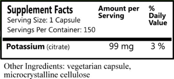 Potassium Citrate capsules showing 99 mg elemental potassium
