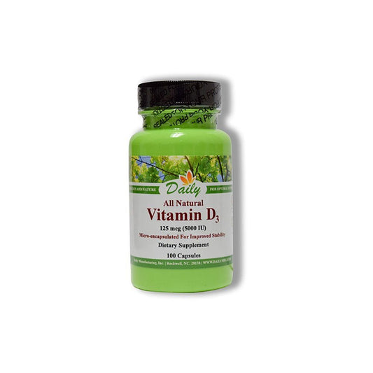 Daily Manufacturing Vitamin D3 5000 IU (125 mcg) bottle label with cholecalciferol from lanolin, Kosher, Gluten Free, Soy Free, 100 vegetarian capsules