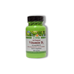 Daily Manufacturing Vitamin D3 5000 IU (125 mcg) bottle label with cholecalciferol from lanolin, Kosher, Gluten Free, Soy Free, 100 vegetarian capsules