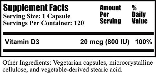 Close-up of Vitamin D3 800 IU capsule label showing Non-GMO