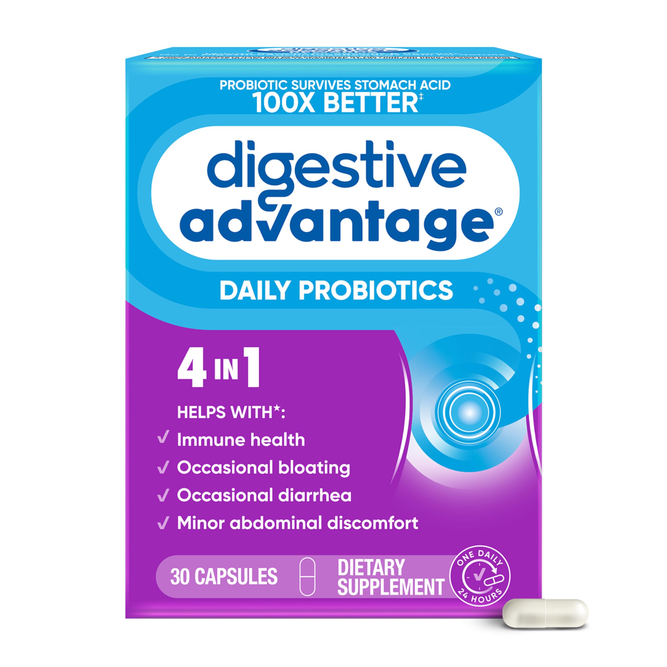 Bottle of Digestive Advantage Daily Probiotics with 30 capsules