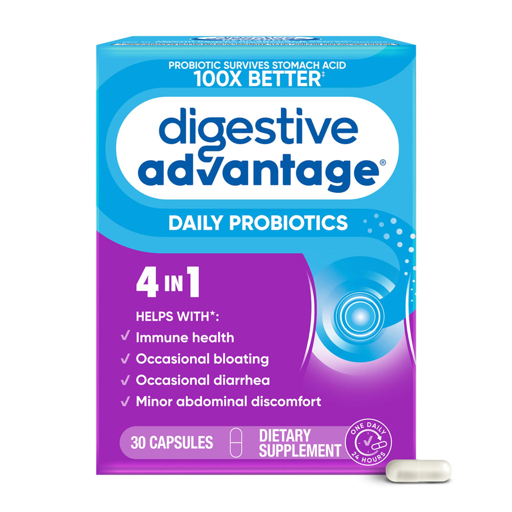 Bottle of Digestive Advantage Daily Probiotics with 30 capsules