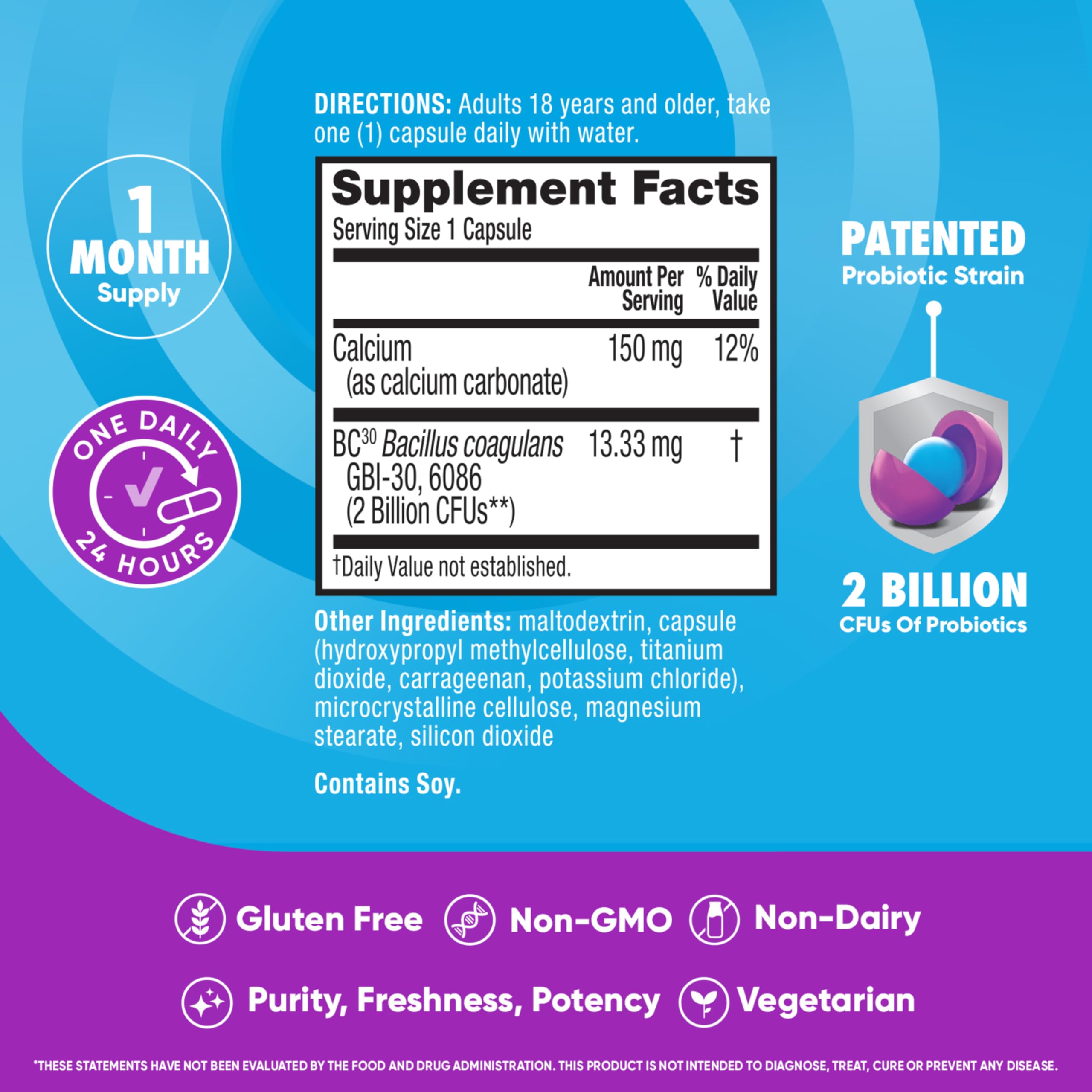 Label highlighting Gluten Free, Non-GMO, No Dairy, Vegetarian